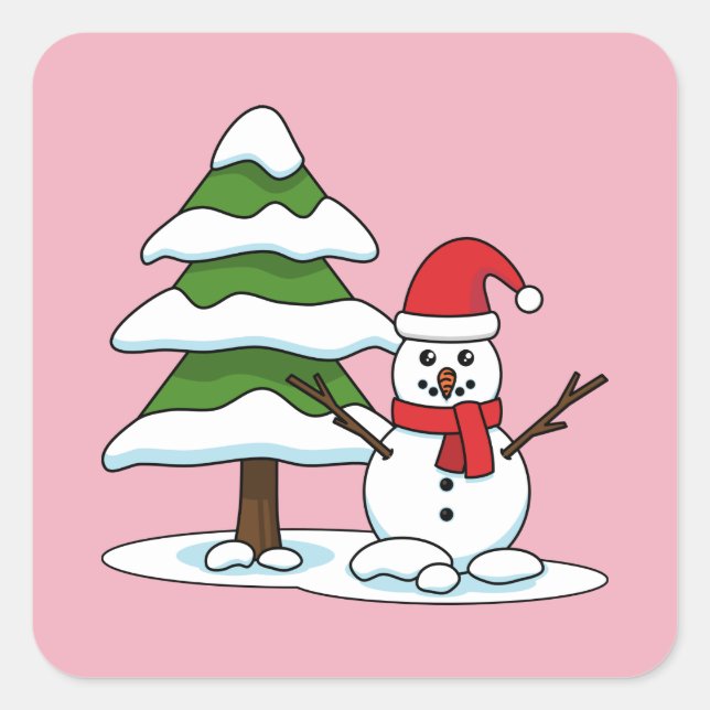 Sticker Carré Snowman avec Snowman Pine Tree (Devant)