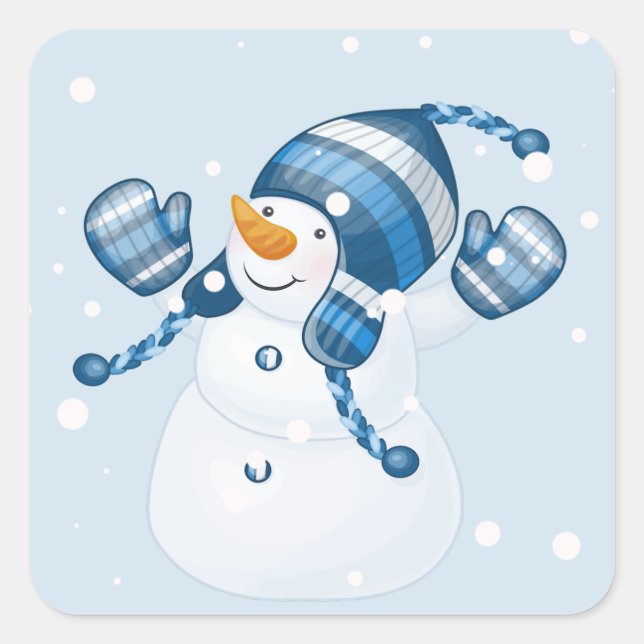 Sticker Carré Snowman dans Blue Mitts et Casquette (Devant)