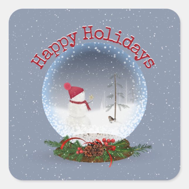 Sticker Carré Snowman Dans Le Globe Des Neiges De Noël (Devant)