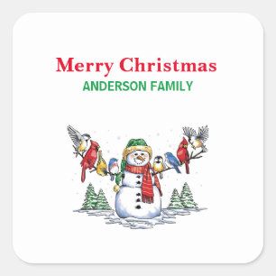 Sticker Carré Snowman De Noël Avec Oiseaux Sur Les Bras S