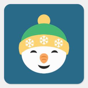 Sticker Carré Snowman de Noël en Casquette vert sur bleu