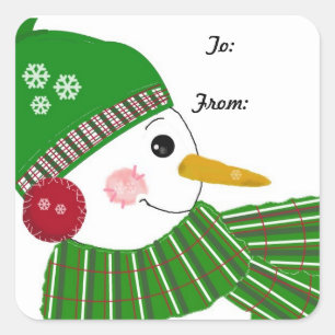 Sticker Carré Snowman en Casquette vert et Écharpe
