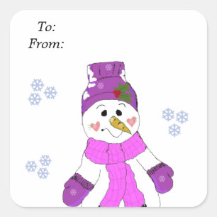 Sticker Carré Snowman en Casquette violet et écharpe