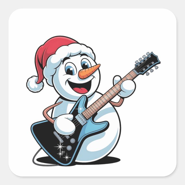 Sticker Carré Snowman Jouer Guitare électrique Père Noël Noël (Devant)