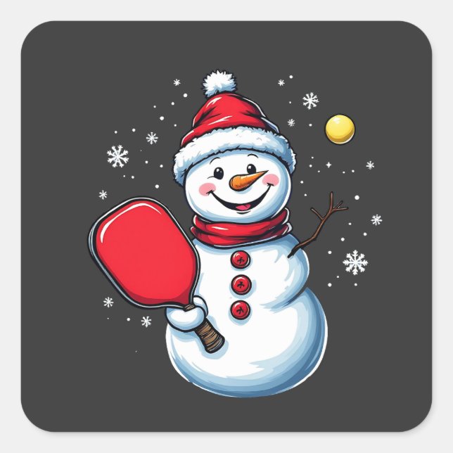 Sticker Carré Snowman Jouer Pickleball Sport Amateur de Noël (Devant)