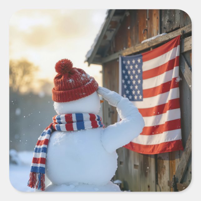Sticker Carré Snowman Saluting an American Flag (Devant)