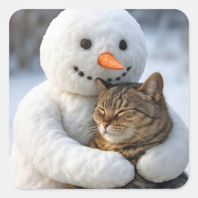 Sticker Carré Snowman serrant un chat Tabby (Devant)