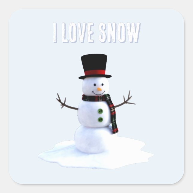 Sticker Carré Snowman with hat and scarf. I Love Snow (Devant)