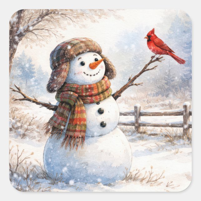 Sticker Carré Snowman With Red Cardinal Bird (Devant)