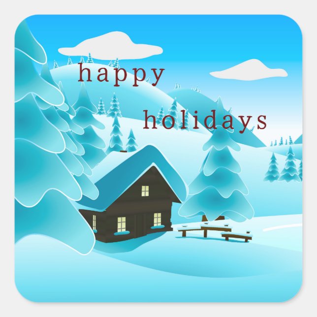 Sticker Carré Snowy Winter Woods et Cabine "Happy Holidays" meux (Devant)
