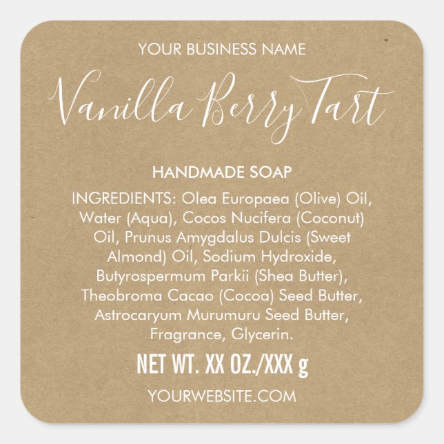 Sticker Carré Soap Artiste Kraft Papier Look Ingrédients Étiquet (Devant)