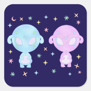 Sticker Carré Sœurs jumelles aliens pastel Art kawaii cosmique