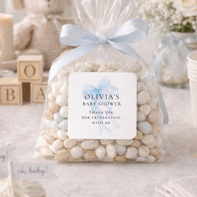 Sticker Carré Soft Blue Bow Text Thank You Baby Shower (Créateur téléchargé)