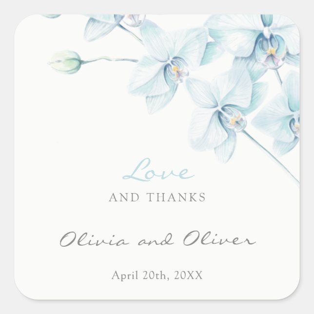 Sticker Carré Soft Blue Orchid Mariage Amour et Merci (Devant)