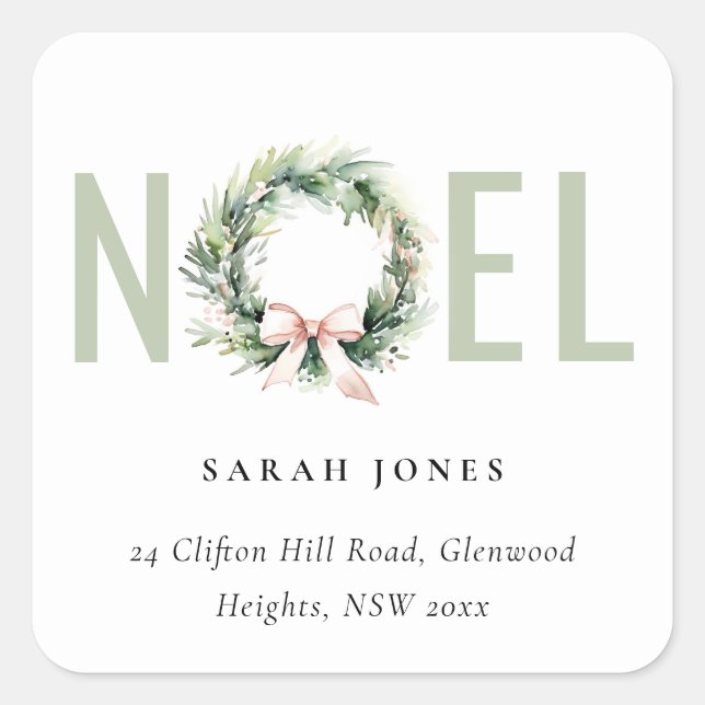 Sticker Carré Soft Joy Blush Green Christmas Wreath Adresse (Devant)