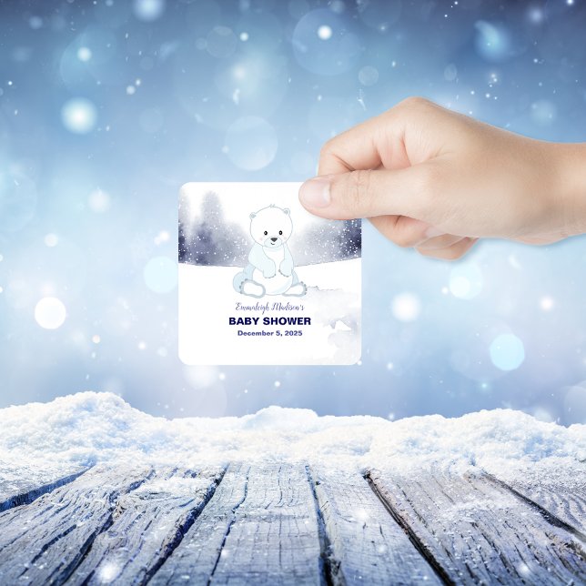 Sticker Carré Soirée Baby shower Ours Polaire Cute Favoriser (Créateur téléchargé)