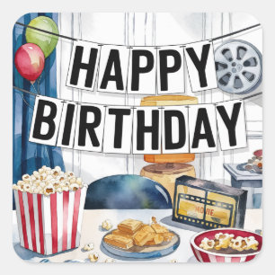 Sticker Carré Soirée Cinéma Popcorn Fête d'Anniversaire