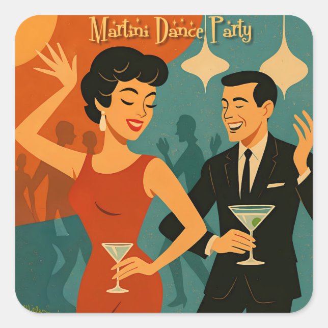 Sticker Carré Soirée Dansante Martini du Milieu du Siècle (Devant)
