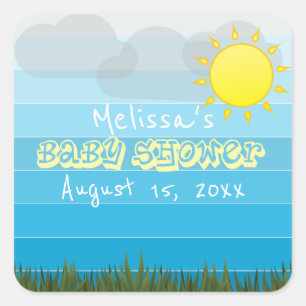 Sticker Carré Soleil nuages et herbe sur Baby shower Blue Stripe