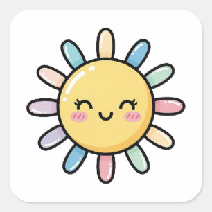 Sticker Carré Soleil souriant – Illustration fantaisiste mignonn