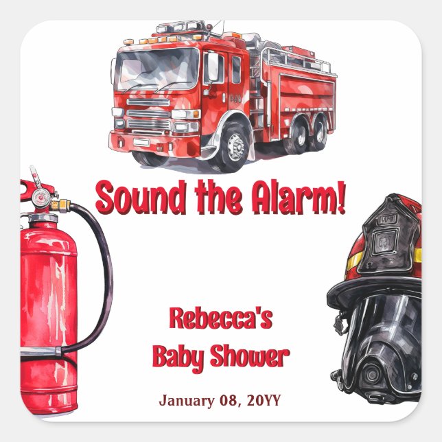 Sticker Carré Sonnez le Baby shower d'alarme Red Fire Truck Boy (Devant)