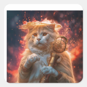 Sticker Carré Sorcier Chat Avec Bâton Magique Parmi Les Flammes