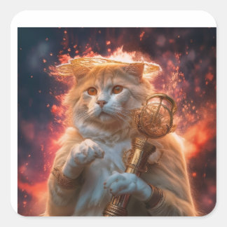 Sticker Carré Sorcier Chat Avec Bâton Magique Parmi Les Flammes