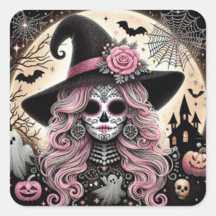 Sticker Carré Sorcière à crâne de sucre et scène d'Halloween Éff