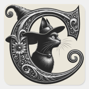 Sticker Carré Sorcière Chat Noir Lettre C Initiale Personnalisée