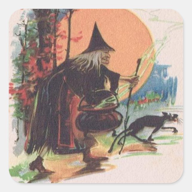 Sticker Carré Sorcière Chat Noir Pleine Lune (Devant)