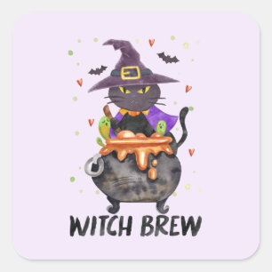 Sticker Carré Sorcière - Chat portant une sorcière