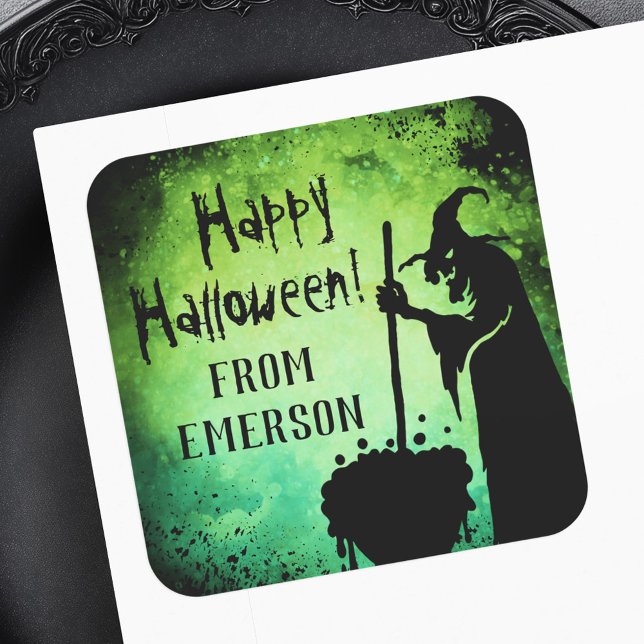 Sticker Carré Sorcière chaudron vert noir Joyeux Halloween Sq (Witch witch cauldron gren black Happy Halloween Square Sticker)