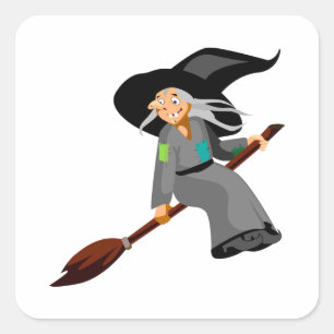 Sticker Carré Sorcière de dessin animé fantaisiste volant sur un