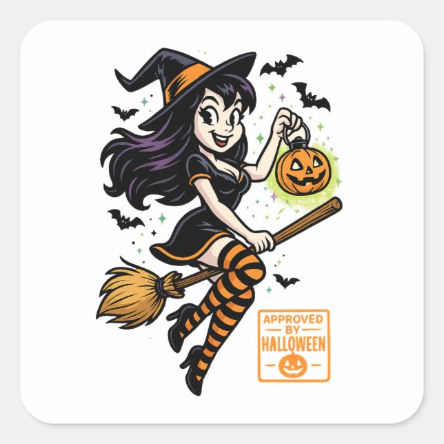 Sticker Carré Sorcière de dessin - Approuvé par Halloween (Devant)