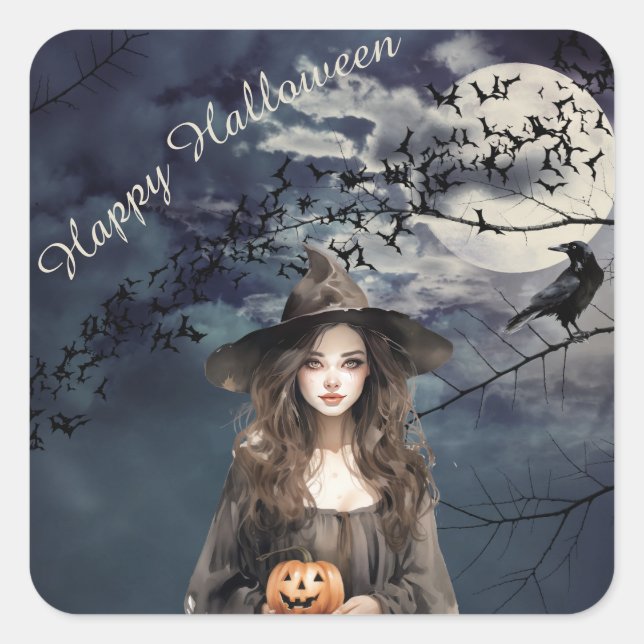 Sticker Carré Sorcière d'Halloween au clair de lune (Devant)