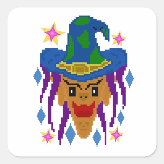 Sticker Carré  Sorcière d'Halloween avec Balai – Pixel Art (Devant)