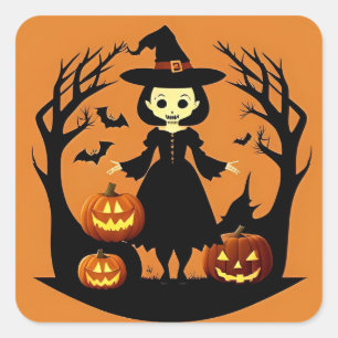 Sticker Carré Sorcière d'Halloween avec citrouilles dans un cadr