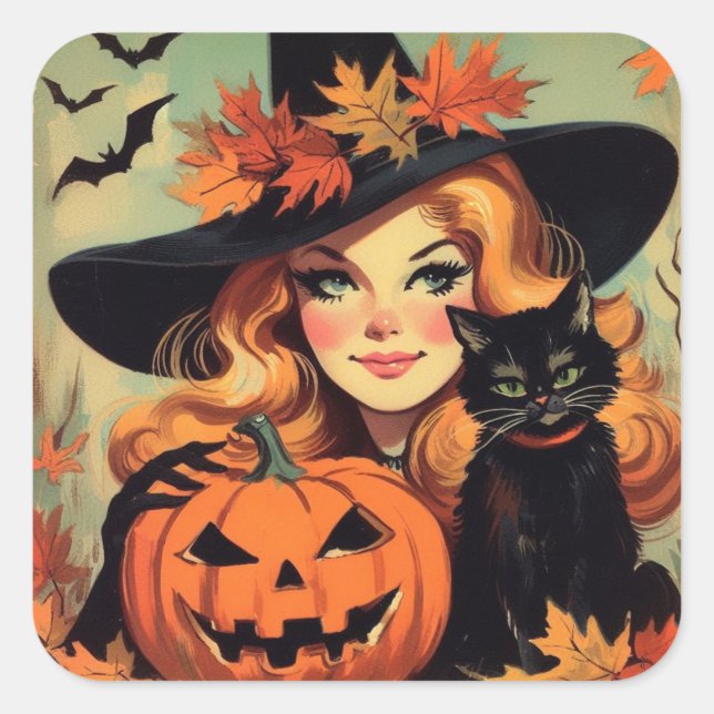 Sticker Carré Sorcière d'Halloween rétro et Chat noir Éffrayant (Devant)