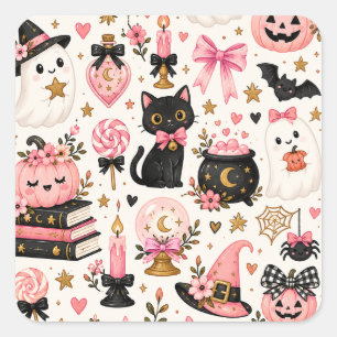 Sticker Carré Sorcière d'Halloween rose Mignons fantômes Chat no