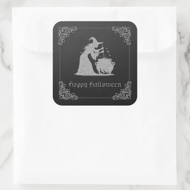 Sticker Carré Sorcière en argent et Halloween Cauldron (Sac)