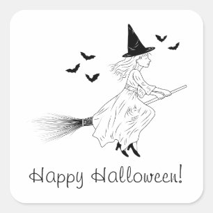 Sticker Carré Sorcière et chauves-souris, dessin au trait minima