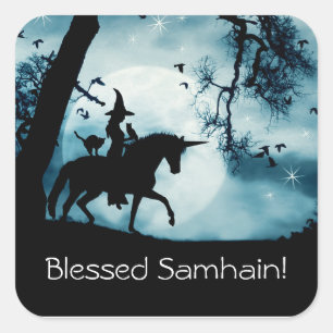Sticker Carré Sorcière et licorne avec Samhain béni