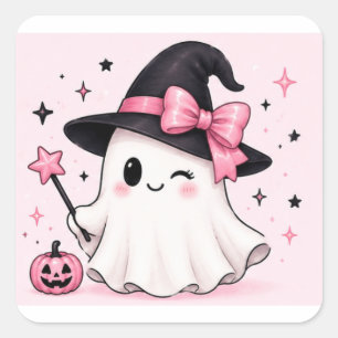 Sticker Carré Sorcière fantôme coquette Halloween avec un nœud r