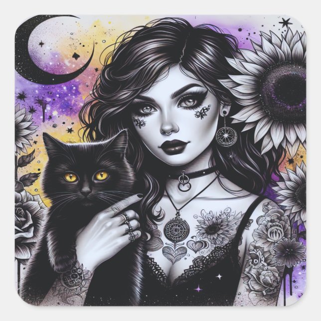 Sticker Carré Sorcière gothique céleste et chat noir (Devant)