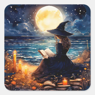 Sticker Carré Sorcière lisant un livre - Wicca Halloween 1