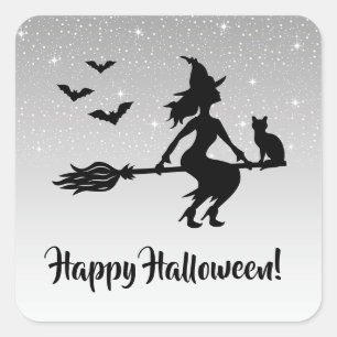 Sticker Carré Sorcière Sur Un Balai Halloween Gris Argent Et Noi