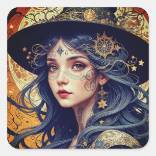 Sticker Carré Sorcière tatouée à cheveux bleu Halloween