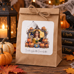 Sticker Carré Sorcière vintage Halloween avec citrouilles 