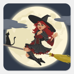 Sticker Carré Sorcière volante avec broom et chat noir