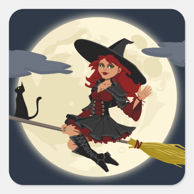 Sticker Carré Sorcière volante avec chambre et chat noir (Devant)